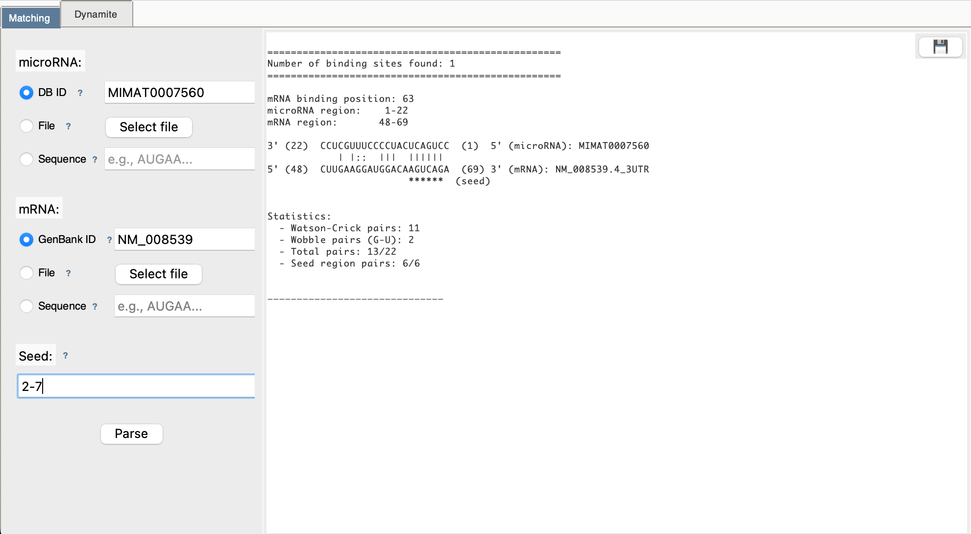 Matching Mode Results Display
